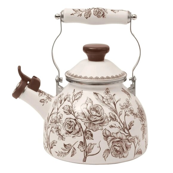 Pioneer Woman Agatha Enamel on Steel 1.8 Qt Whistling Tea Kettle Floral Brown - Picture 1 of 9